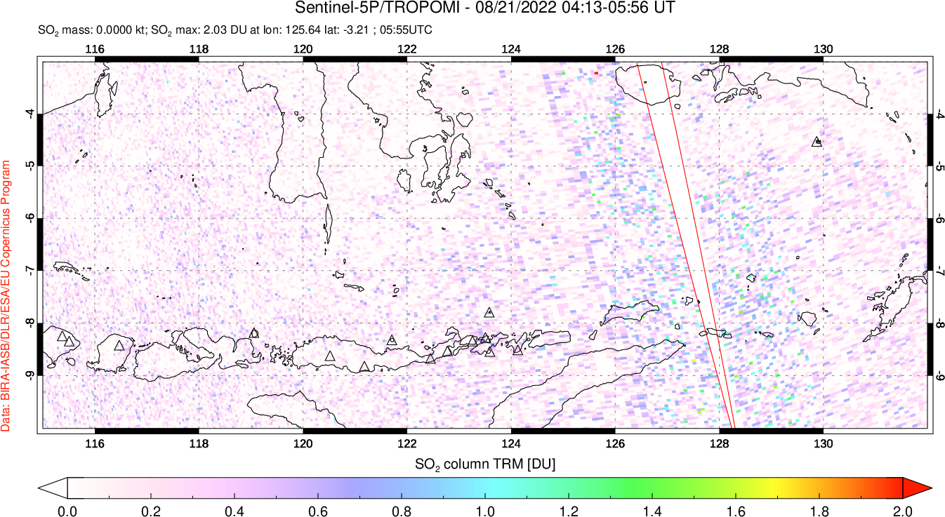 A sulfur dioxide image over Lesser Sunda Islands, Indonesia on Aug 21, 2022.