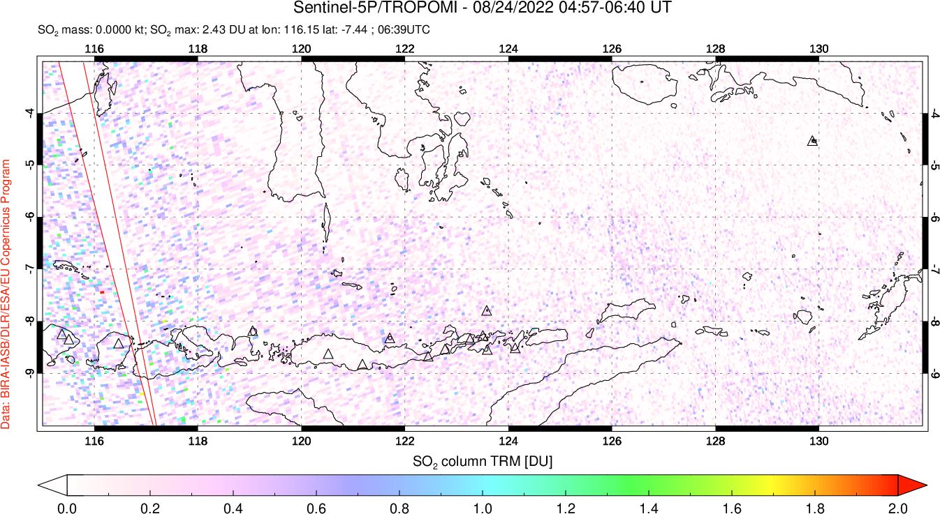 A sulfur dioxide image over Lesser Sunda Islands, Indonesia on Aug 24, 2022.