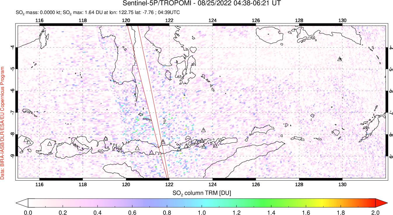 A sulfur dioxide image over Lesser Sunda Islands, Indonesia on Aug 25, 2022.