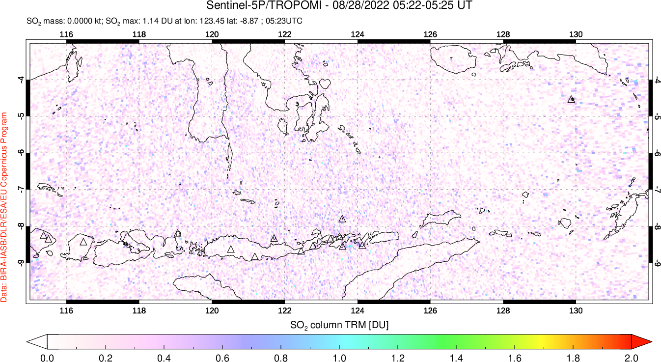 A sulfur dioxide image over Lesser Sunda Islands, Indonesia on Aug 28, 2022.