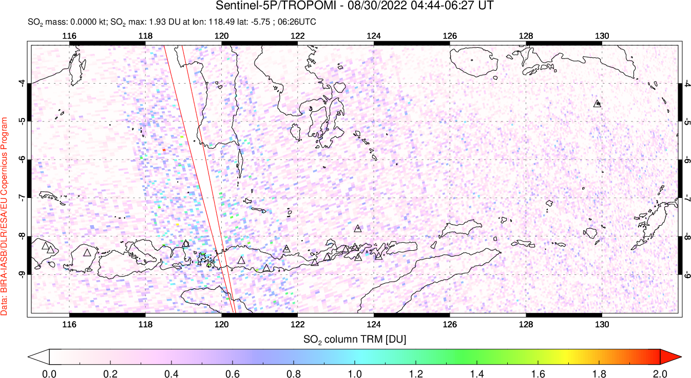 A sulfur dioxide image over Lesser Sunda Islands, Indonesia on Aug 30, 2022.