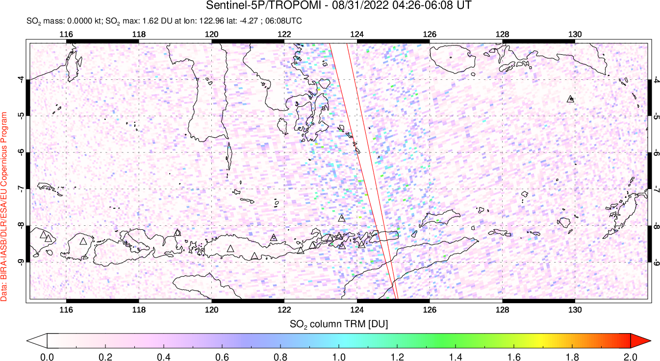 A sulfur dioxide image over Lesser Sunda Islands, Indonesia on Aug 31, 2022.