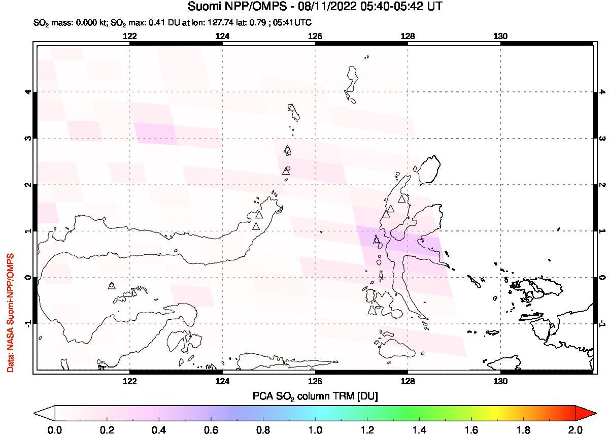 A sulfur dioxide image over Northern Sulawesi & Halmahera, Indonesia on Aug 11, 2022.