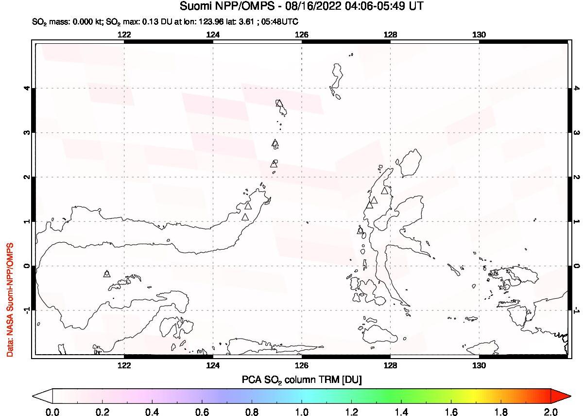 A sulfur dioxide image over Northern Sulawesi & Halmahera, Indonesia on Aug 16, 2022.
