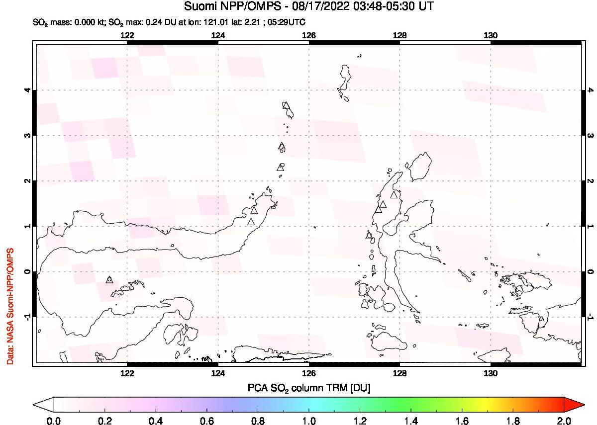 A sulfur dioxide image over Northern Sulawesi & Halmahera, Indonesia on Aug 17, 2022.