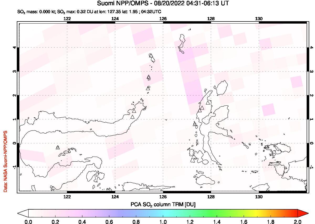 A sulfur dioxide image over Northern Sulawesi & Halmahera, Indonesia on Aug 20, 2022.
