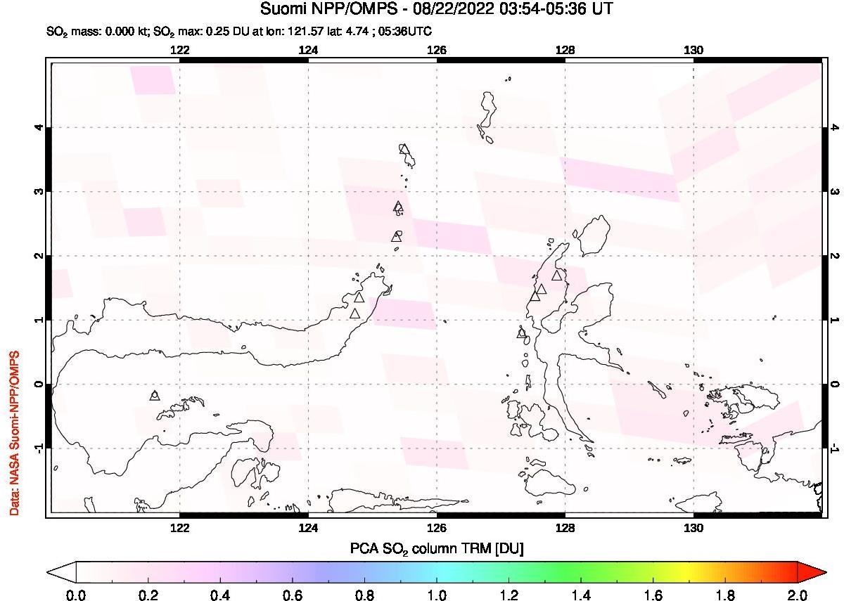 A sulfur dioxide image over Northern Sulawesi & Halmahera, Indonesia on Aug 22, 2022.