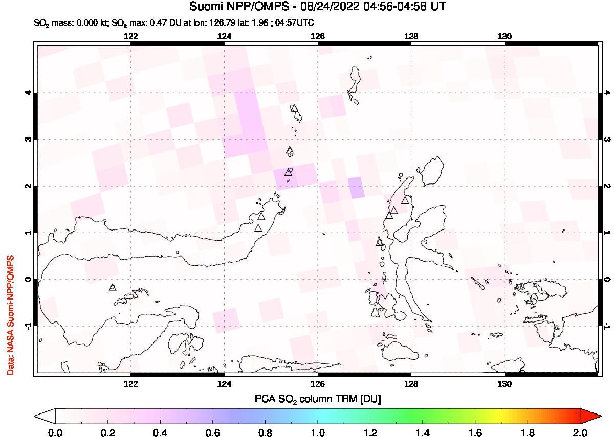 A sulfur dioxide image over Northern Sulawesi & Halmahera, Indonesia on Aug 24, 2022.