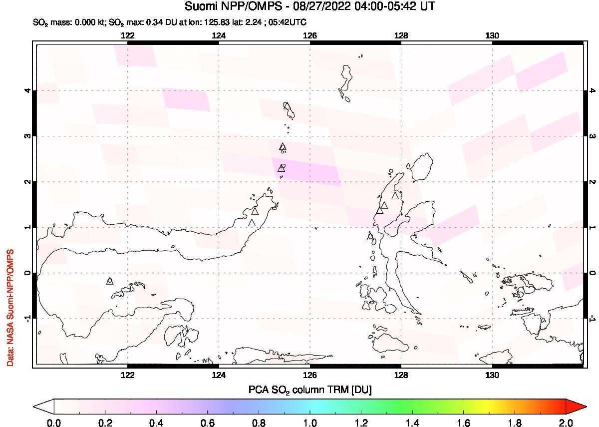 A sulfur dioxide image over Northern Sulawesi & Halmahera, Indonesia on Aug 27, 2022.