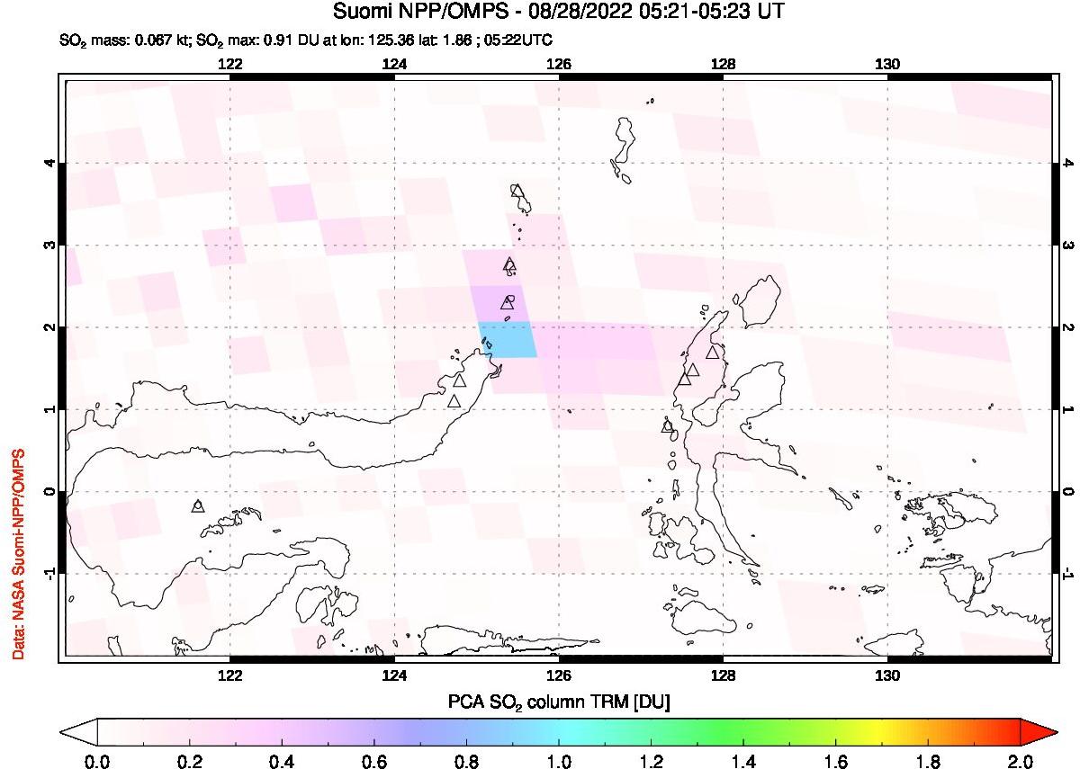 A sulfur dioxide image over Northern Sulawesi & Halmahera, Indonesia on Aug 28, 2022.