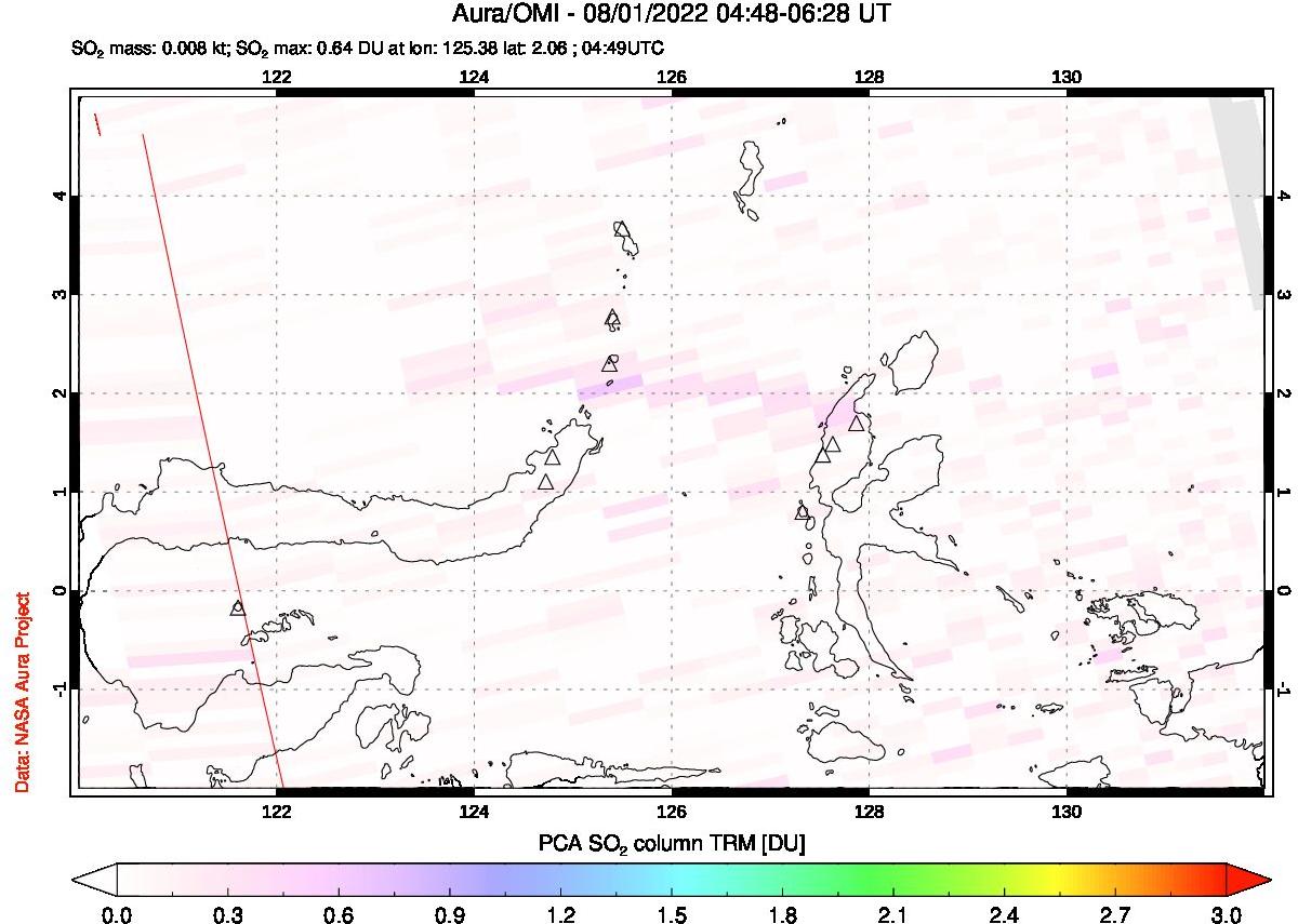 A sulfur dioxide image over Northern Sulawesi & Halmahera, Indonesia on Aug 01, 2022.