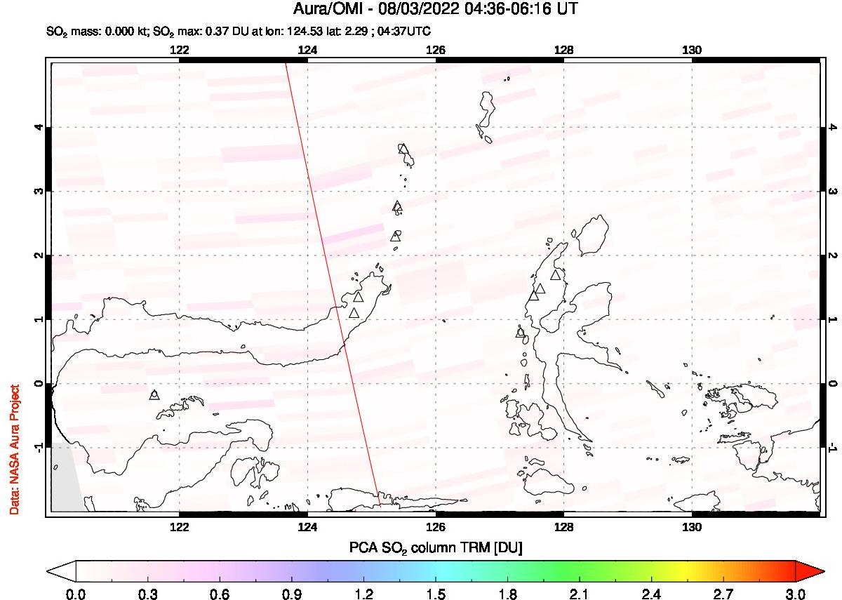 A sulfur dioxide image over Northern Sulawesi & Halmahera, Indonesia on Aug 03, 2022.