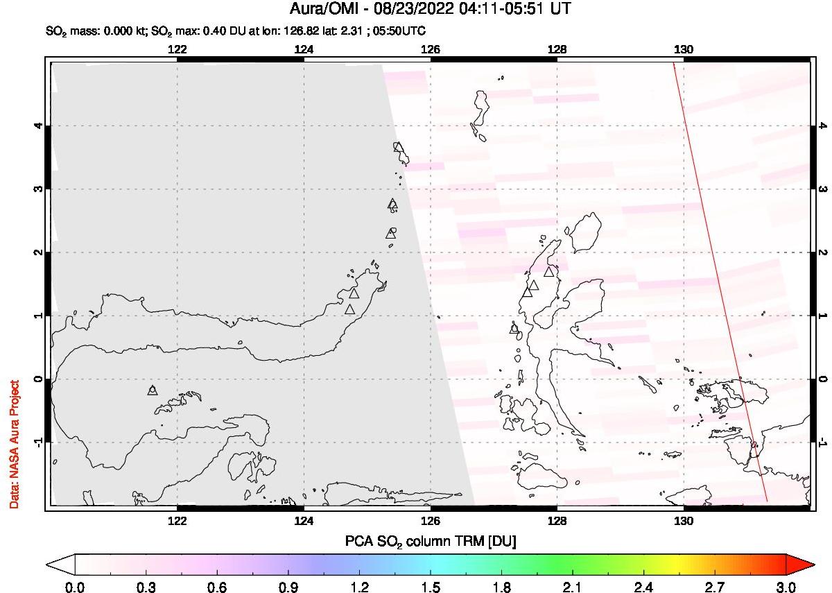 A sulfur dioxide image over Northern Sulawesi & Halmahera, Indonesia on Aug 23, 2022.