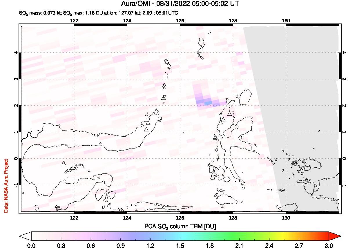 A sulfur dioxide image over Northern Sulawesi & Halmahera, Indonesia on Aug 31, 2022.
