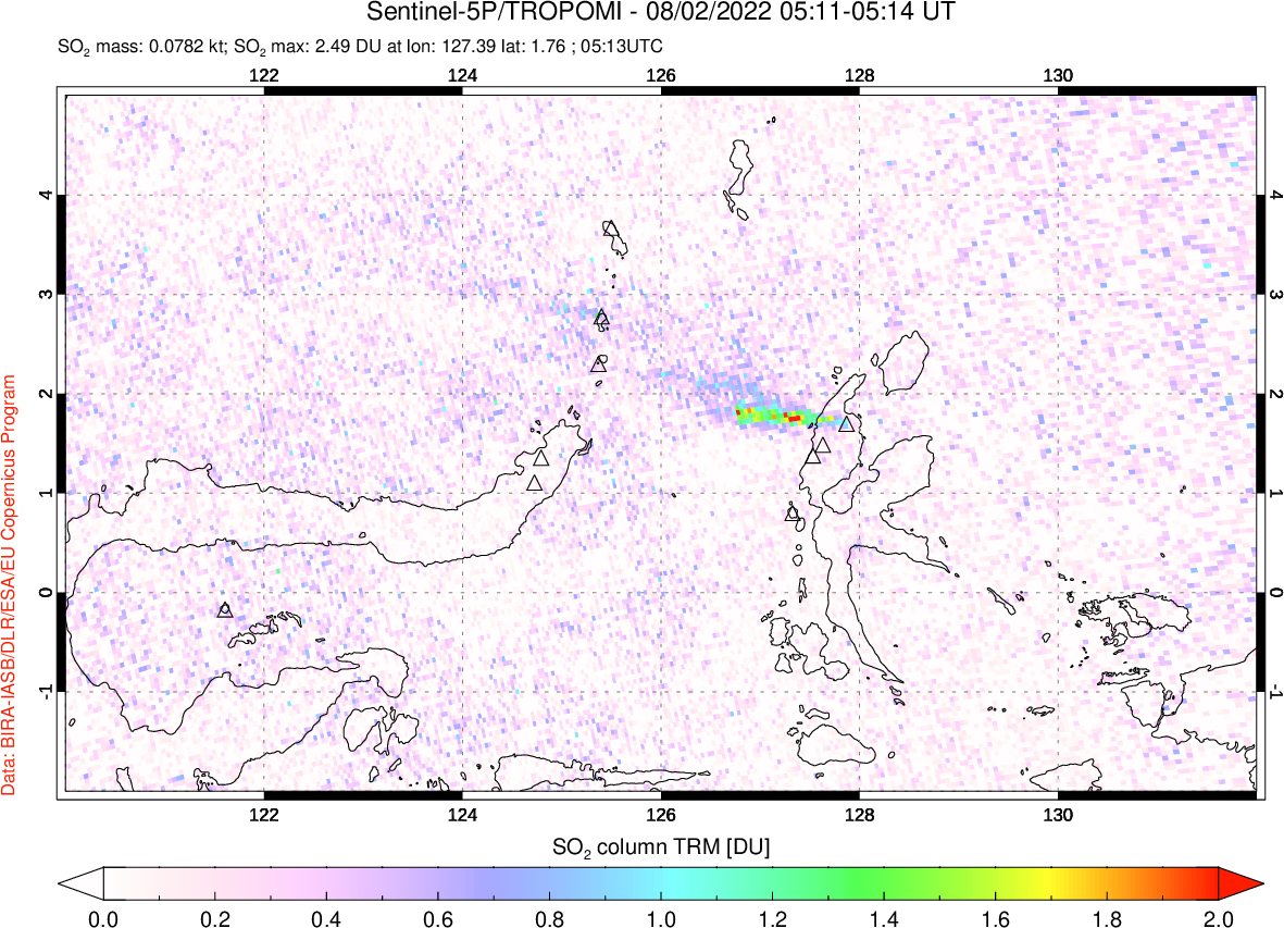 A sulfur dioxide image over Northern Sulawesi & Halmahera, Indonesia on Aug 02, 2022.