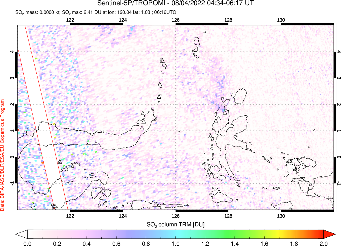 A sulfur dioxide image over Northern Sulawesi & Halmahera, Indonesia on Aug 04, 2022.