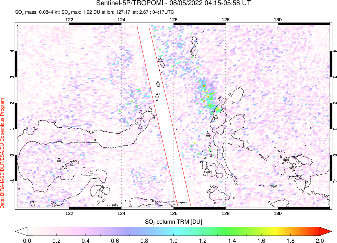 A sulfur dioxide image over Northern Sulawesi & Halmahera, Indonesia on Aug 05, 2022.