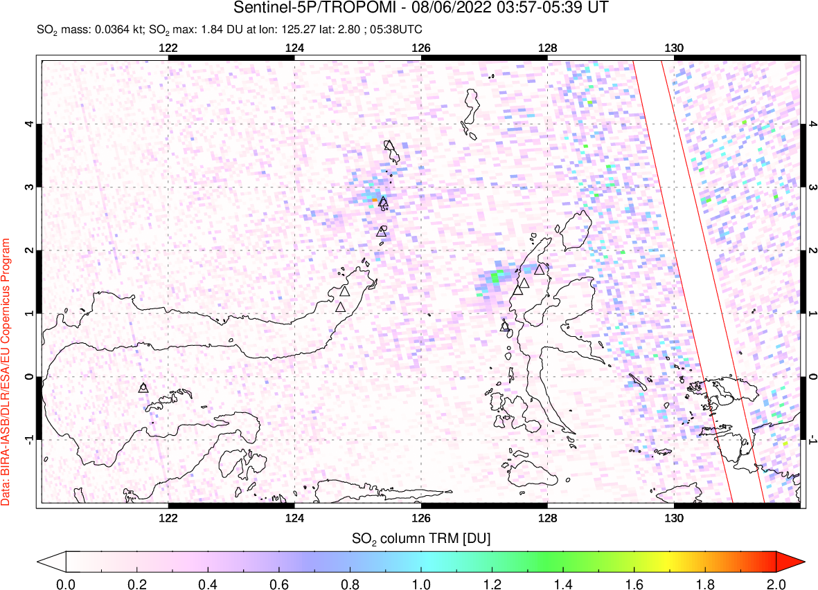 A sulfur dioxide image over Northern Sulawesi & Halmahera, Indonesia on Aug 06, 2022.