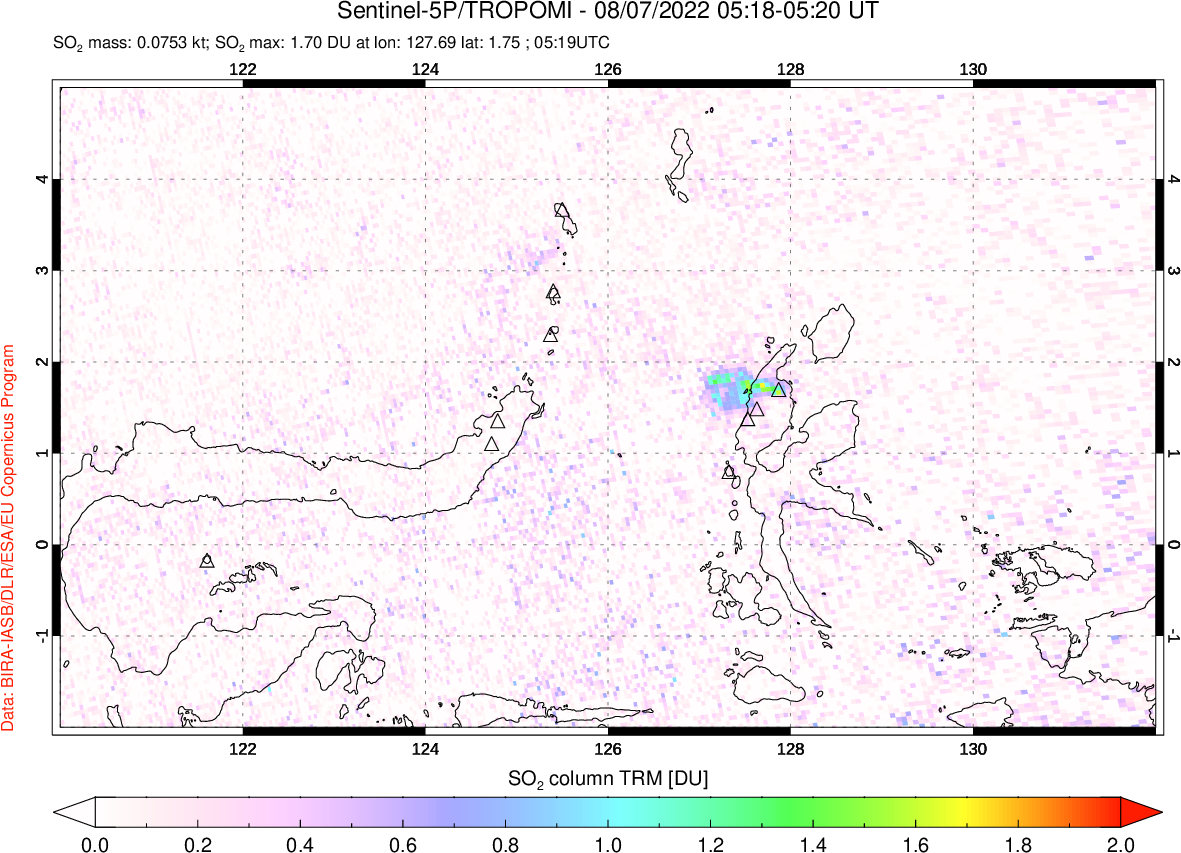 A sulfur dioxide image over Northern Sulawesi & Halmahera, Indonesia on Aug 07, 2022.