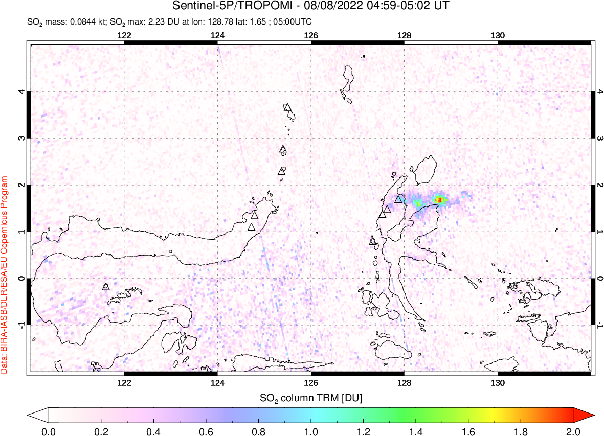 A sulfur dioxide image over Northern Sulawesi & Halmahera, Indonesia on Aug 08, 2022.