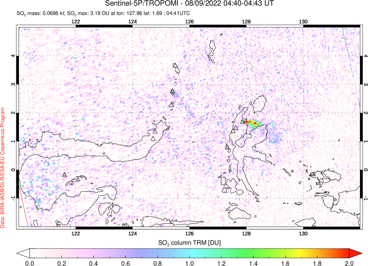 A sulfur dioxide image over Northern Sulawesi & Halmahera, Indonesia on Aug 09, 2022.