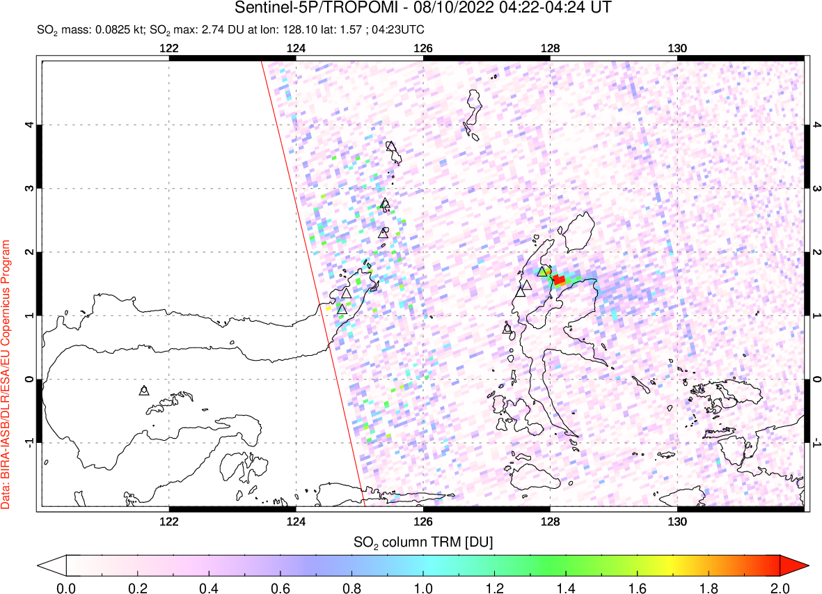 A sulfur dioxide image over Northern Sulawesi & Halmahera, Indonesia on Aug 10, 2022.
