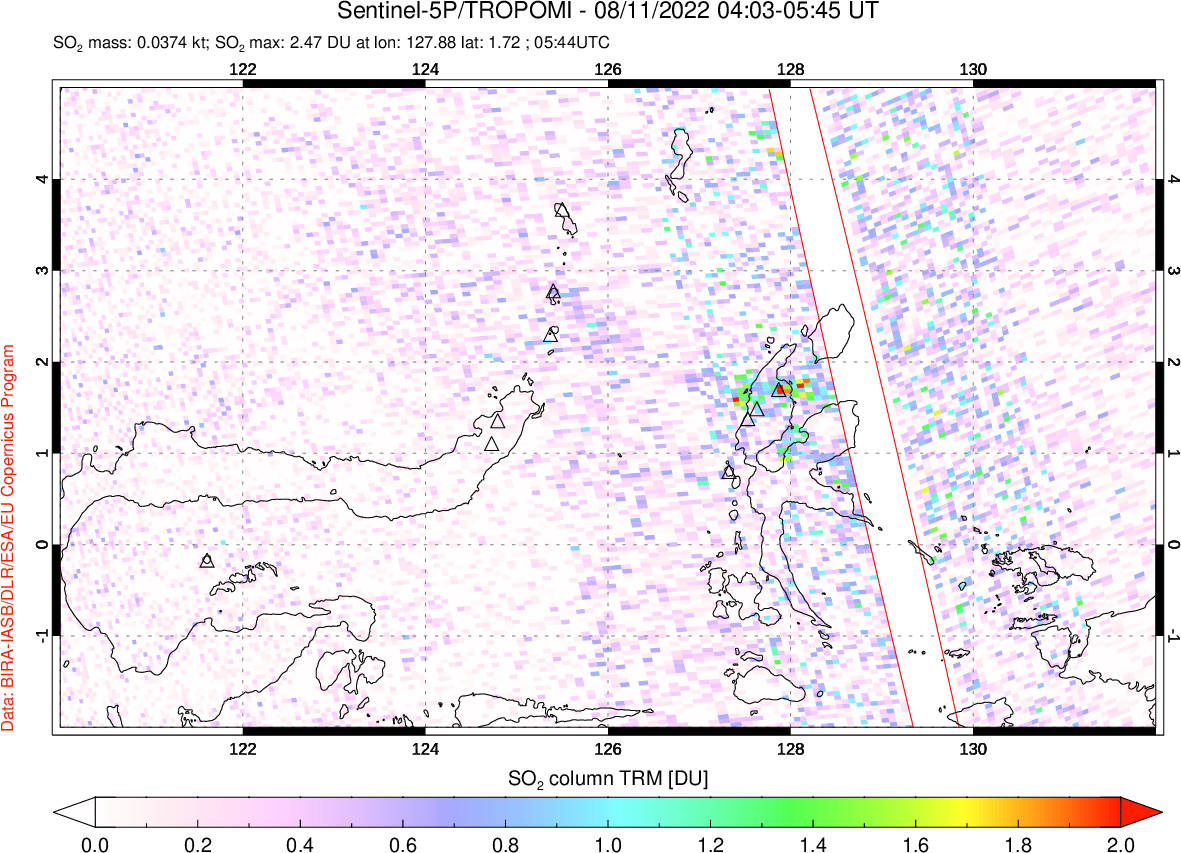 A sulfur dioxide image over Northern Sulawesi & Halmahera, Indonesia on Aug 11, 2022.