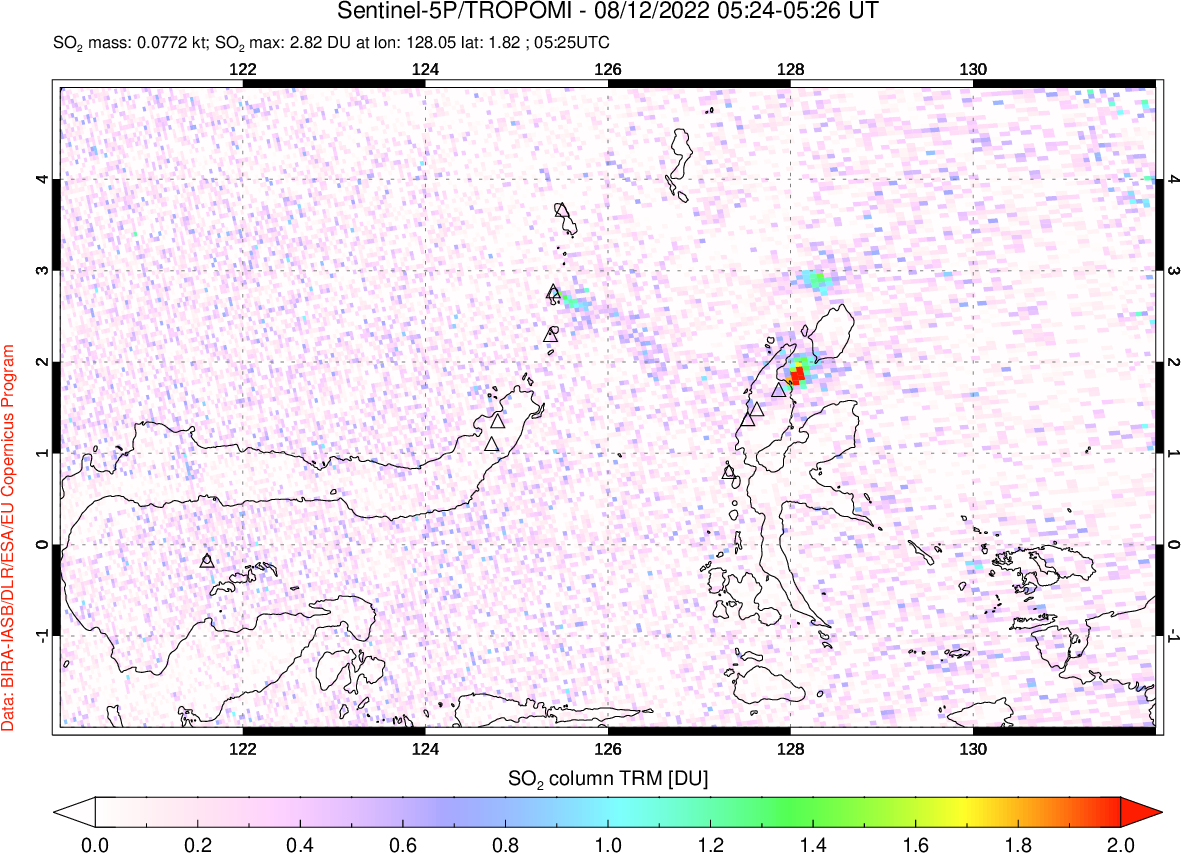 A sulfur dioxide image over Northern Sulawesi & Halmahera, Indonesia on Aug 12, 2022.