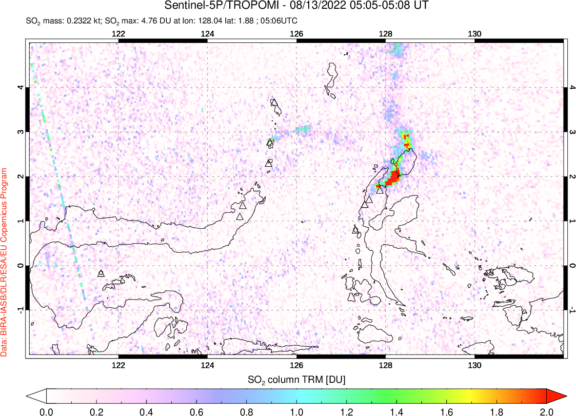 A sulfur dioxide image over Northern Sulawesi & Halmahera, Indonesia on Aug 13, 2022.