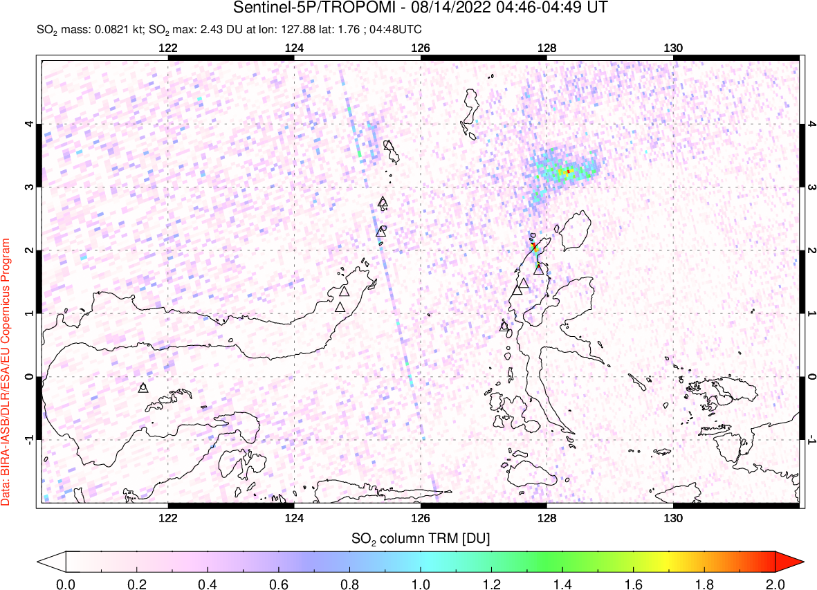 A sulfur dioxide image over Northern Sulawesi & Halmahera, Indonesia on Aug 14, 2022.
