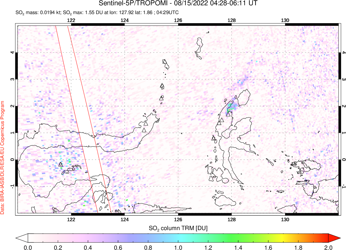 A sulfur dioxide image over Northern Sulawesi & Halmahera, Indonesia on Aug 15, 2022.
