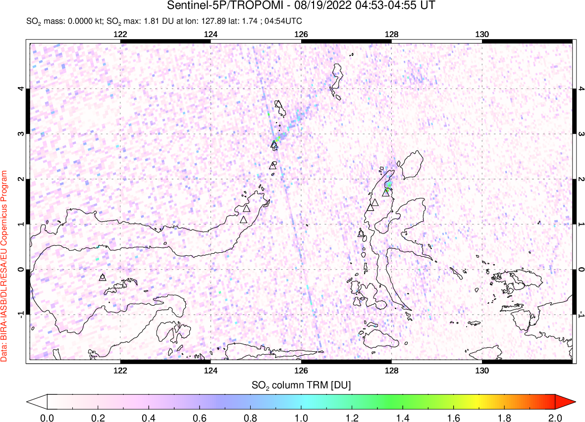 A sulfur dioxide image over Northern Sulawesi & Halmahera, Indonesia on Aug 19, 2022.