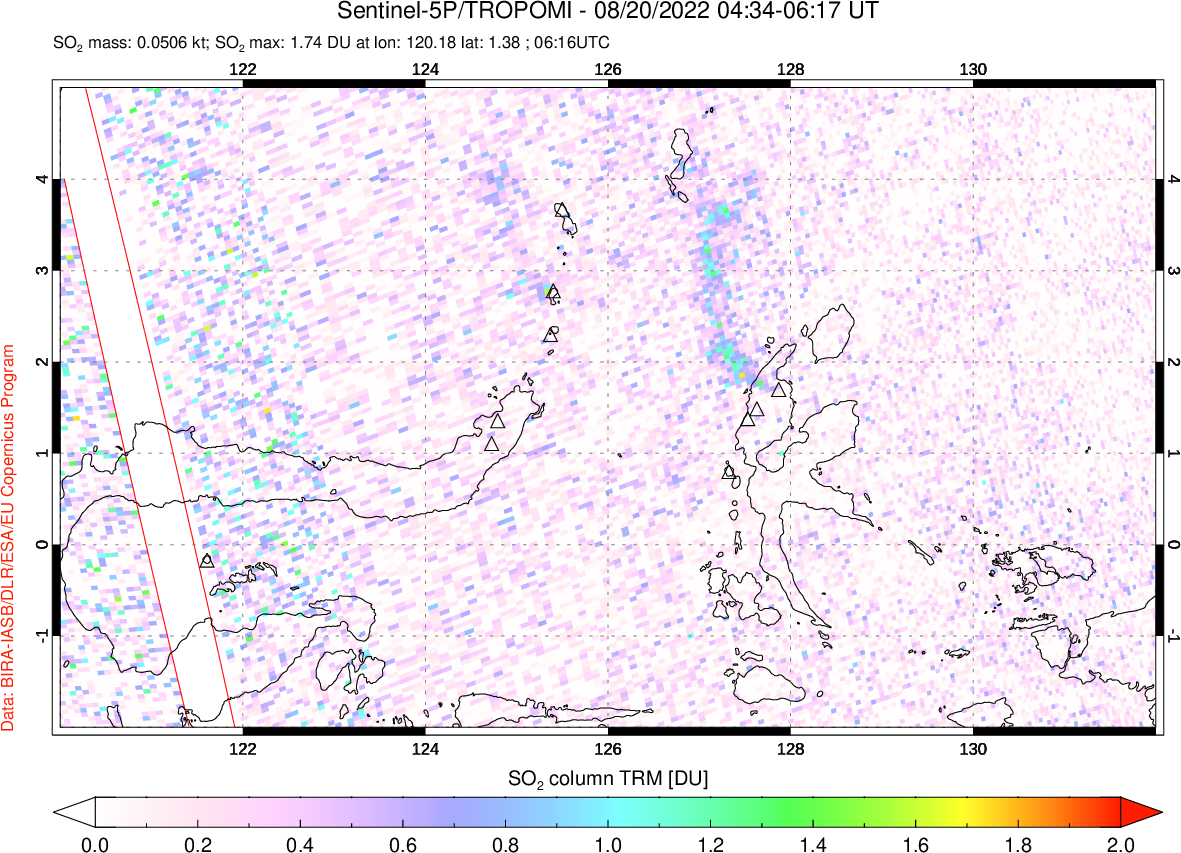 A sulfur dioxide image over Northern Sulawesi & Halmahera, Indonesia on Aug 20, 2022.