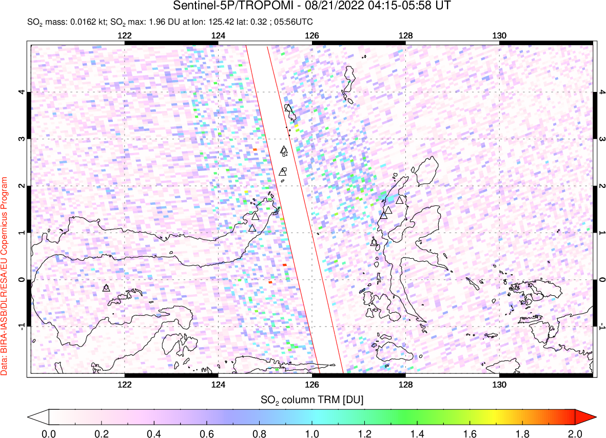 A sulfur dioxide image over Northern Sulawesi & Halmahera, Indonesia on Aug 21, 2022.