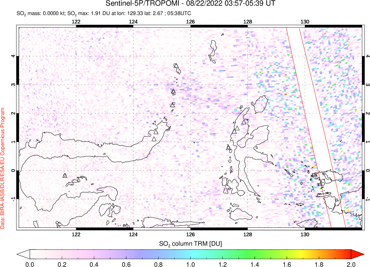 A sulfur dioxide image over Northern Sulawesi & Halmahera, Indonesia on Aug 22, 2022.