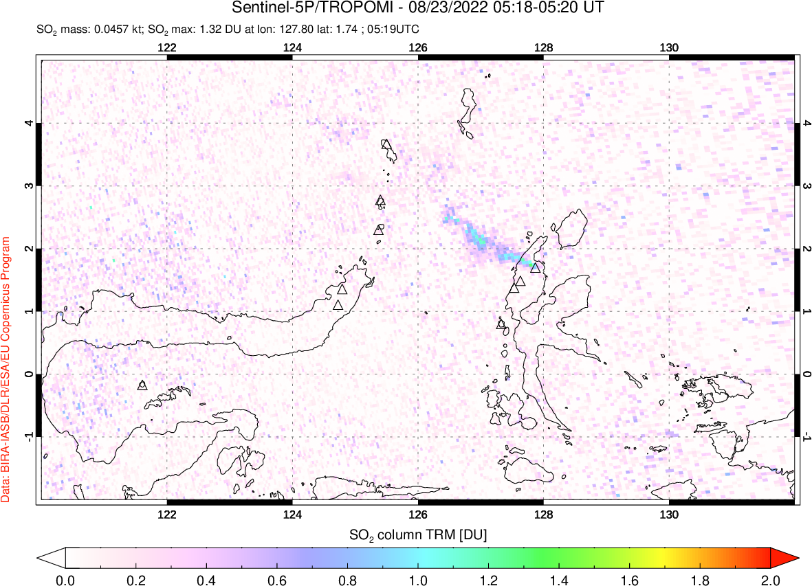 A sulfur dioxide image over Northern Sulawesi & Halmahera, Indonesia on Aug 23, 2022.