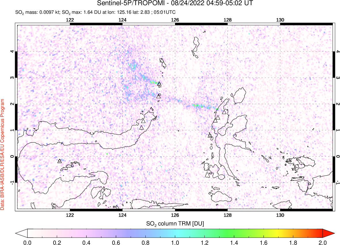A sulfur dioxide image over Northern Sulawesi & Halmahera, Indonesia on Aug 24, 2022.