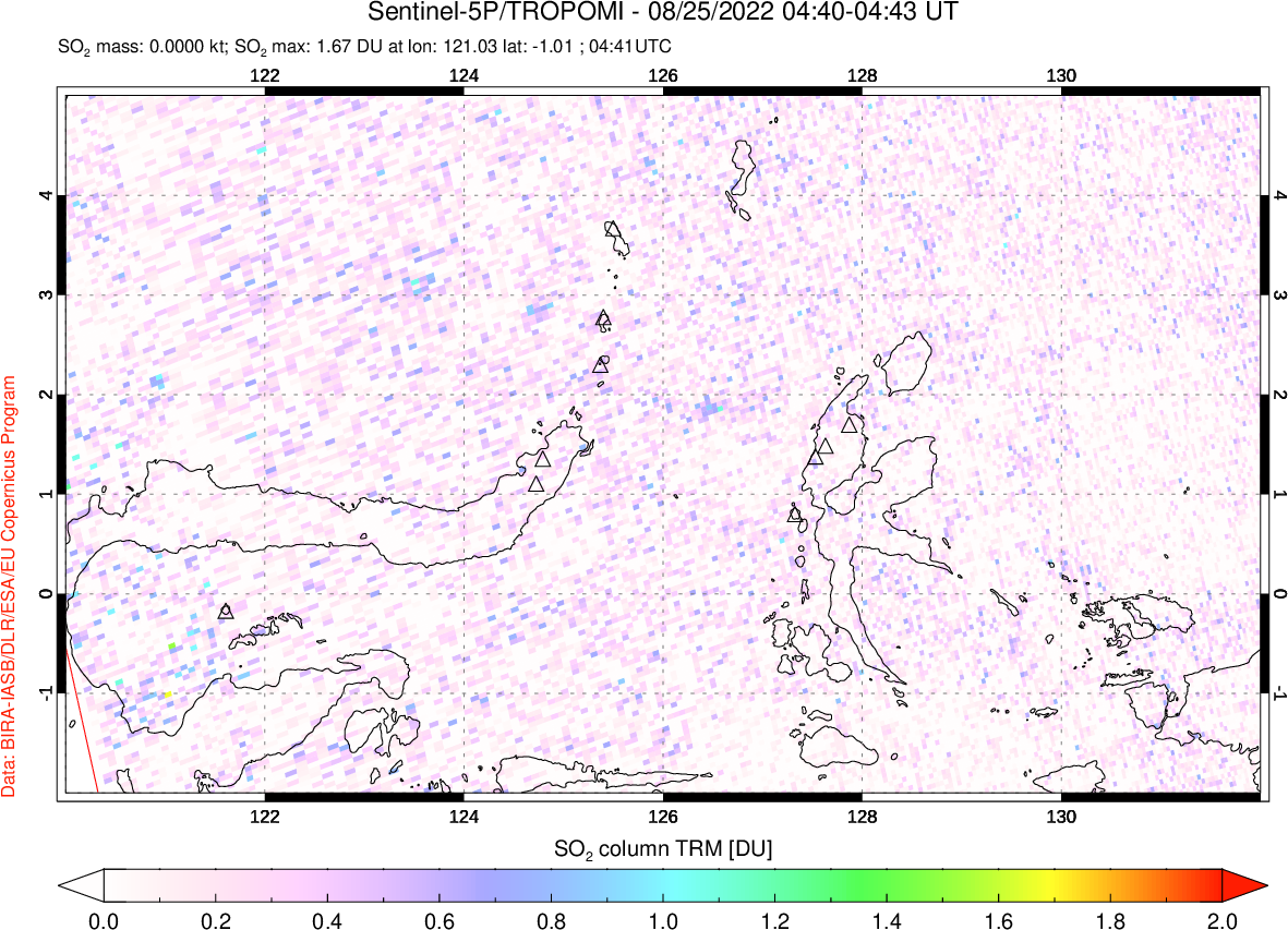 A sulfur dioxide image over Northern Sulawesi & Halmahera, Indonesia on Aug 25, 2022.