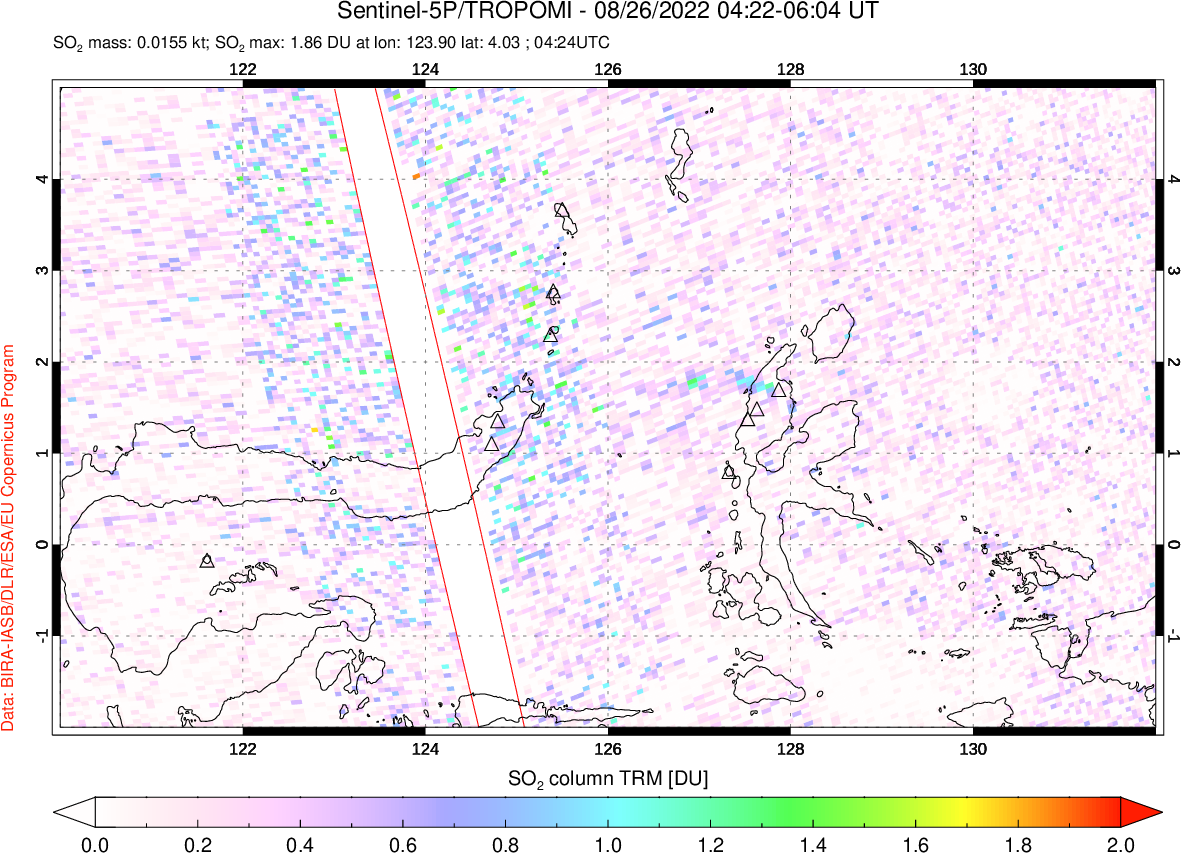 A sulfur dioxide image over Northern Sulawesi & Halmahera, Indonesia on Aug 26, 2022.