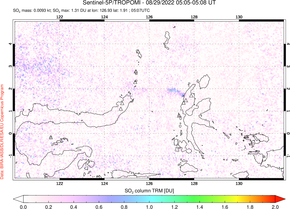 A sulfur dioxide image over Northern Sulawesi & Halmahera, Indonesia on Aug 29, 2022.