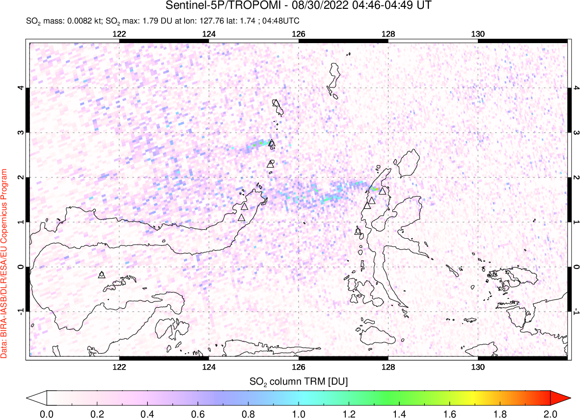 A sulfur dioxide image over Northern Sulawesi & Halmahera, Indonesia on Aug 30, 2022.
