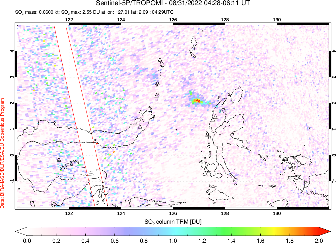 A sulfur dioxide image over Northern Sulawesi & Halmahera, Indonesia on Aug 31, 2022.
