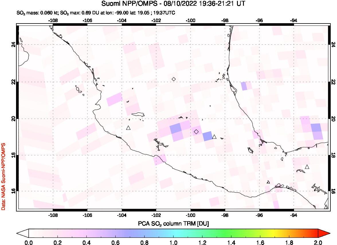 A sulfur dioxide image over Mexico on Aug 10, 2022.
