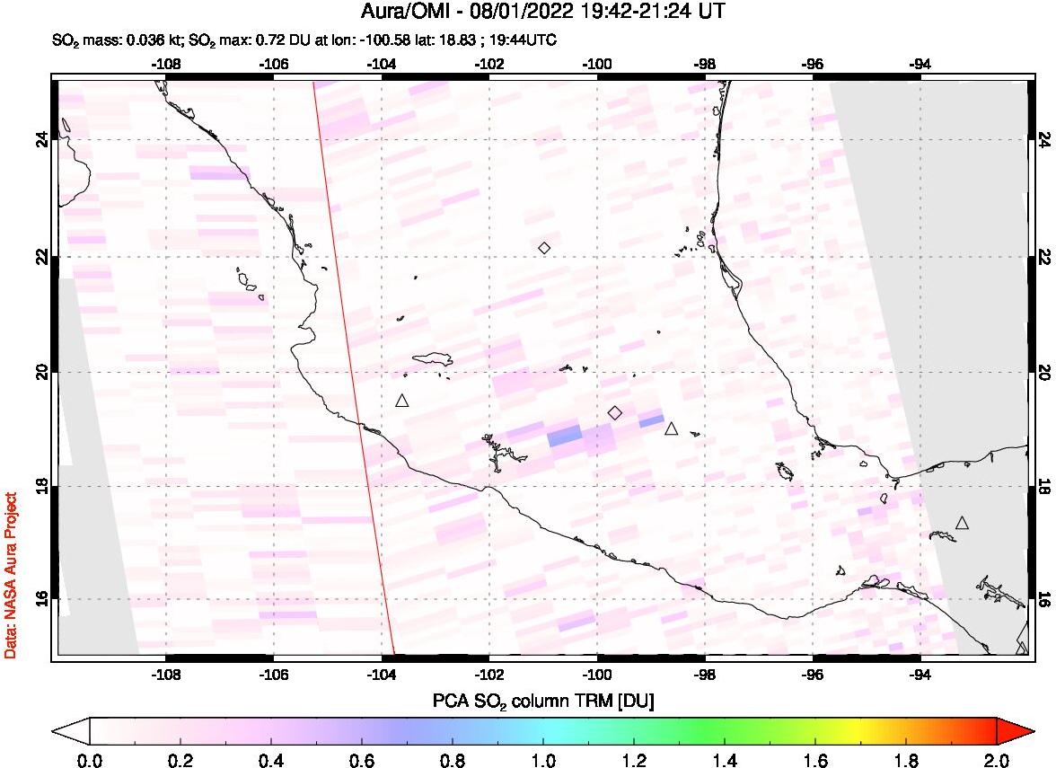 A sulfur dioxide image over Mexico on Aug 01, 2022.