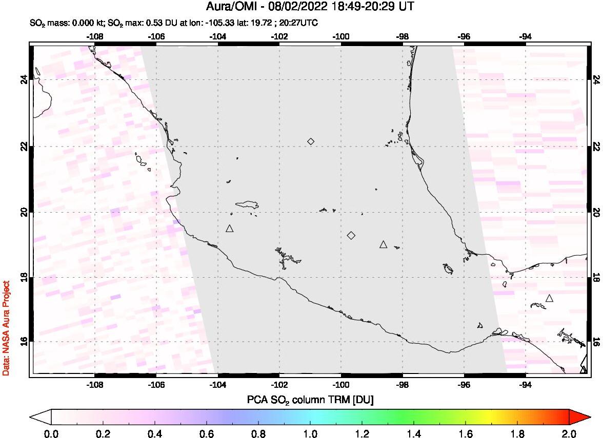 A sulfur dioxide image over Mexico on Aug 02, 2022.