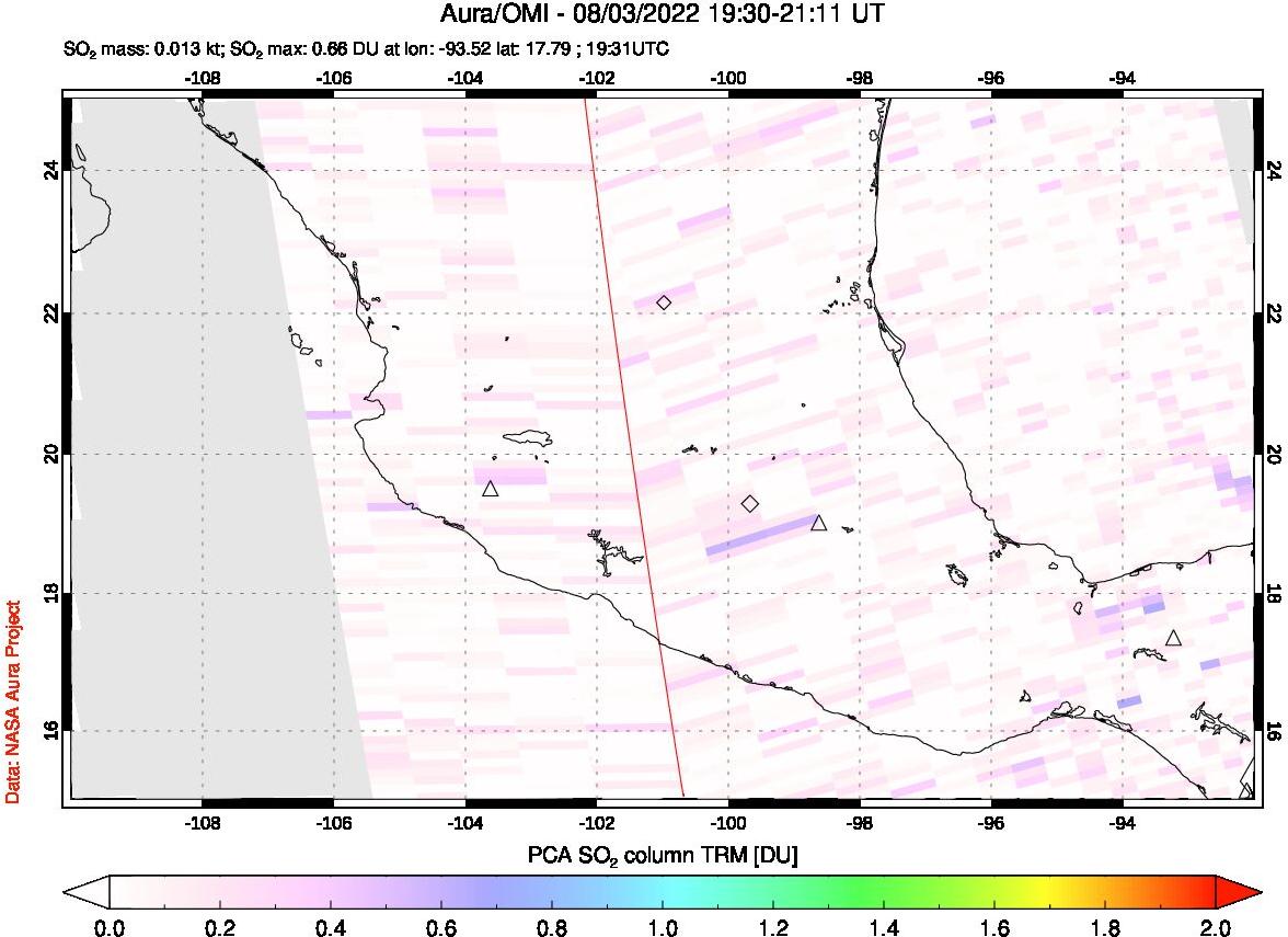 A sulfur dioxide image over Mexico on Aug 03, 2022.