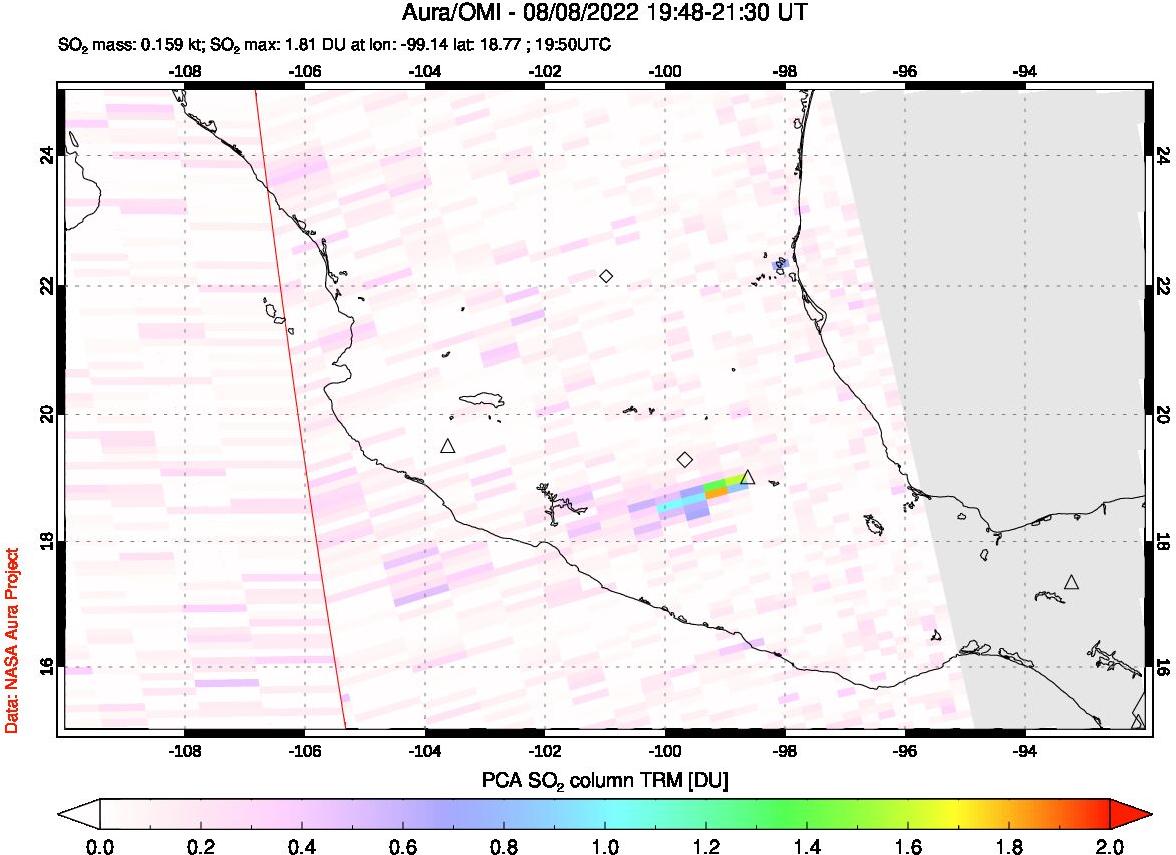 A sulfur dioxide image over Mexico on Aug 08, 2022.