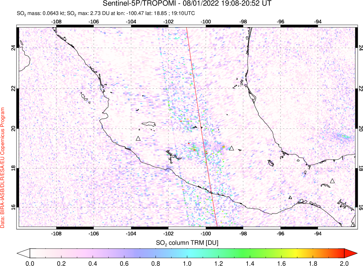 A sulfur dioxide image over Mexico on Aug 01, 2022.