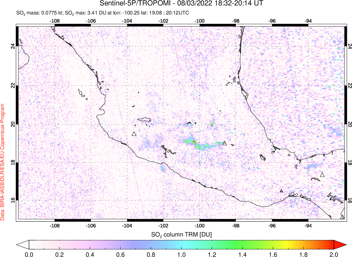 A sulfur dioxide image over Mexico on Aug 03, 2022.