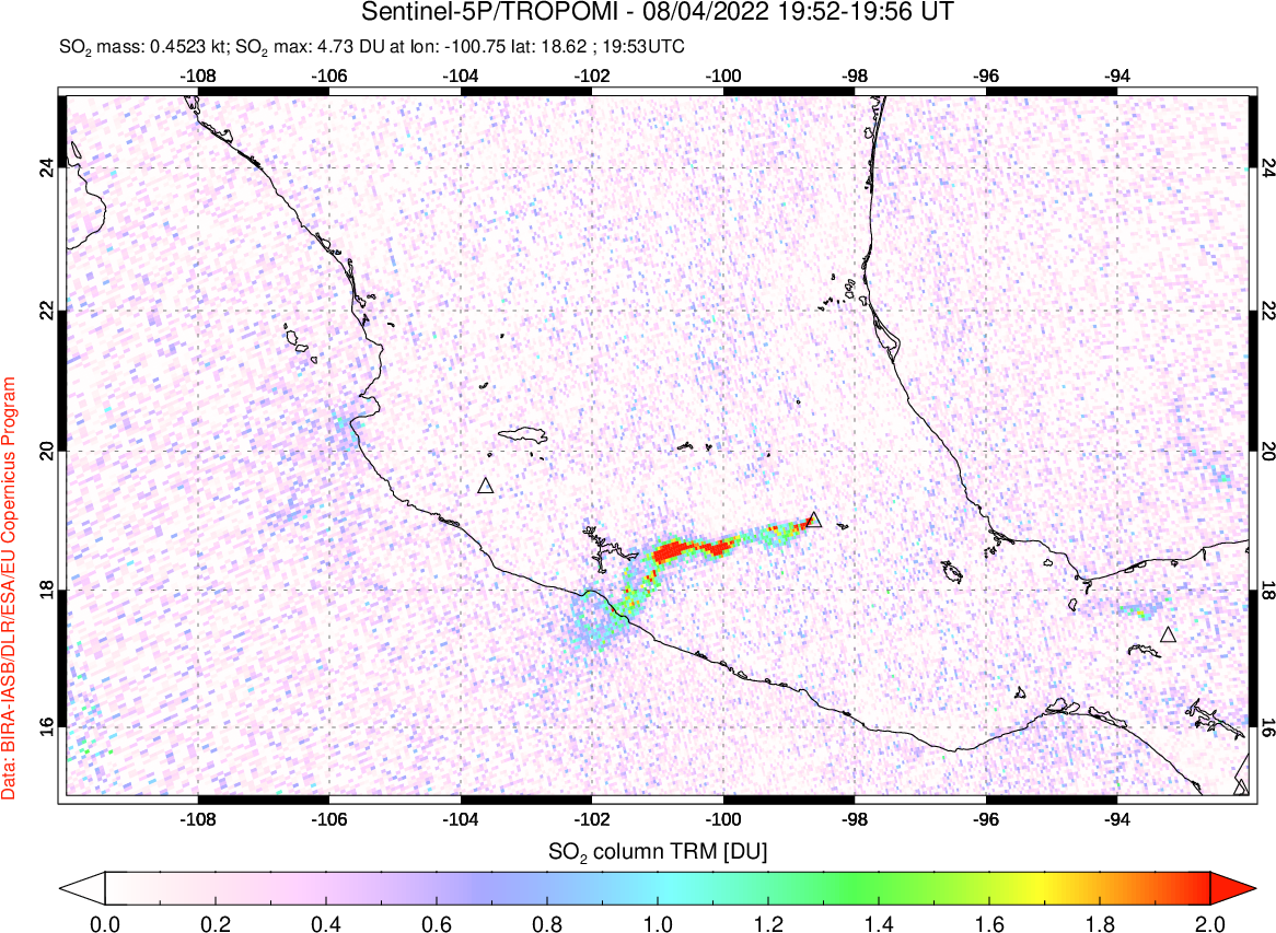 A sulfur dioxide image over Mexico on Aug 04, 2022.